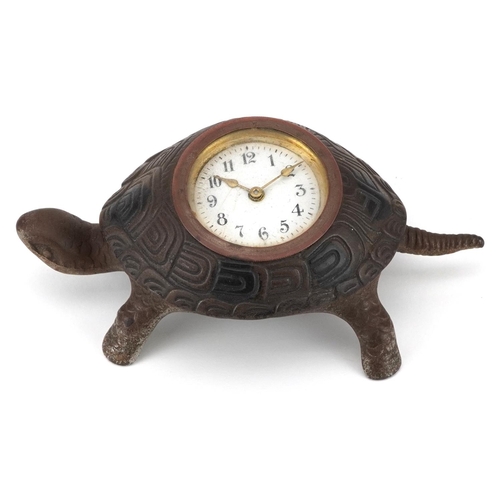 28 - Victorian iron desk clock in the form of a turtle with enamelled dial having Arabic numerals, 17cm w... 