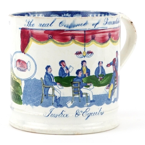 45 - Victorian Staffordshire pearlware Friendly Society mug, 13cm high