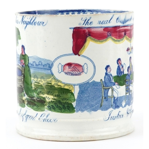45 - Victorian Staffordshire pearlware Friendly Society mug, 13cm high