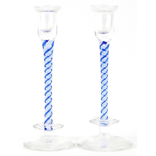 744 - Pair of Langham glass candlesticks with opaque twist stems, each 20cm high