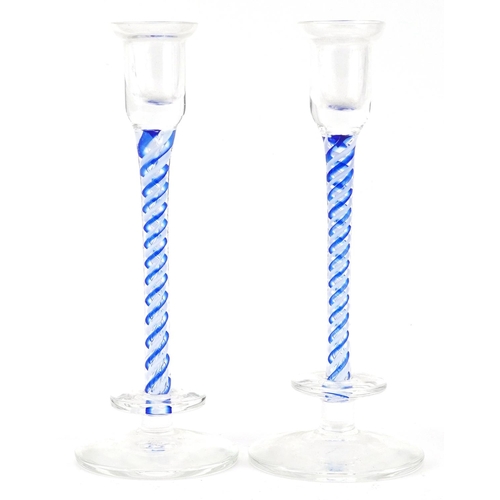 744 - Pair of Langham glass candlesticks with opaque twist stems, each 20cm high