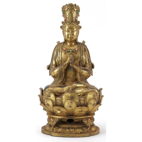 185 - Chino Tibetan gilt bronze figure of jewelled Buddha, 29cm high