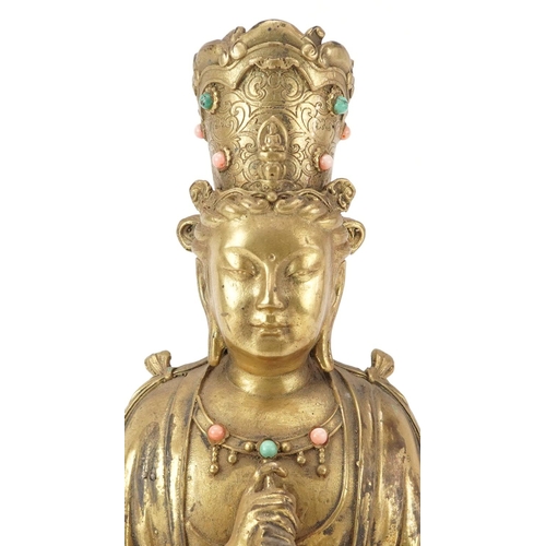 185 - Chino Tibetan gilt bronze figure of jewelled Buddha, 29cm high