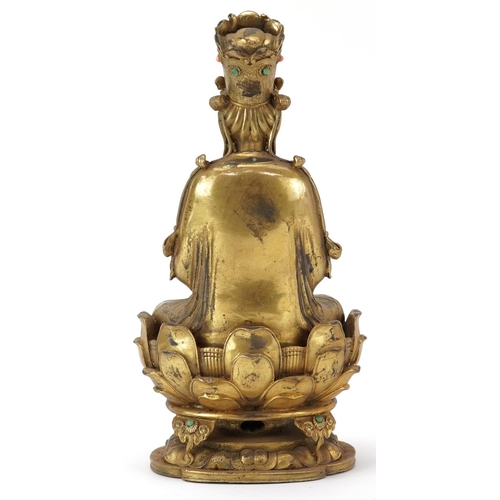 185 - Chino Tibetan gilt bronze figure of jewelled Buddha, 29cm high