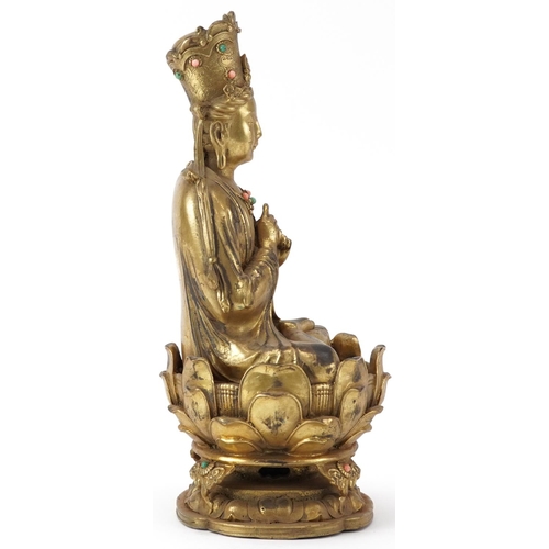 185 - Chino Tibetan gilt bronze figure of jewelled Buddha, 29cm high