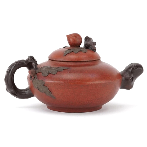 1491 - Chinese Yixing naturalistic terracotta teapot with fruit design knop, 20cm in length