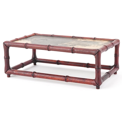 568 - Chinese faux bamboo hardwood and hardstone stand, 10.5cm H x 29cm W x 17.5cm D