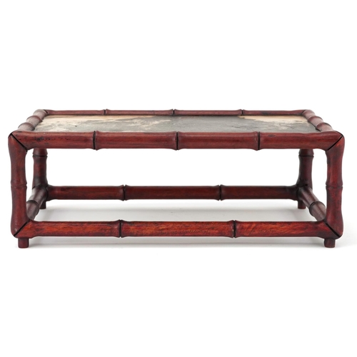 568 - Chinese faux bamboo hardwood and hardstone stand, 10.5cm H x 29cm W x 17.5cm D