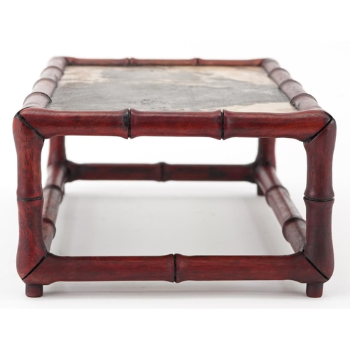 568 - Chinese faux bamboo hardwood and hardstone stand, 10.5cm H x 29cm W x 17.5cm D