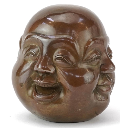 1418 - Chinese patinated bronze four face Buddha paperweight, character marks to the base, 12cm high