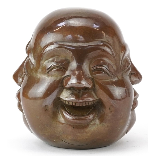 1418 - Chinese patinated bronze four face Buddha paperweight, character marks to the base, 12cm high