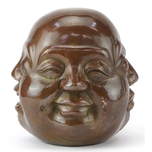 1418 - Chinese patinated bronze four face Buddha paperweight, character marks to the base, 12cm high