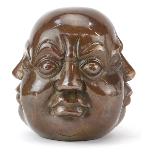 1418 - Chinese patinated bronze four face Buddha paperweight, character marks to the base, 12cm high