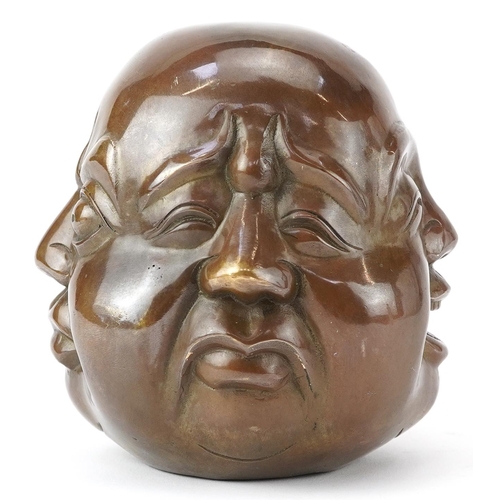 1418 - Chinese patinated bronze four face Buddha paperweight, character marks to the base, 12cm high