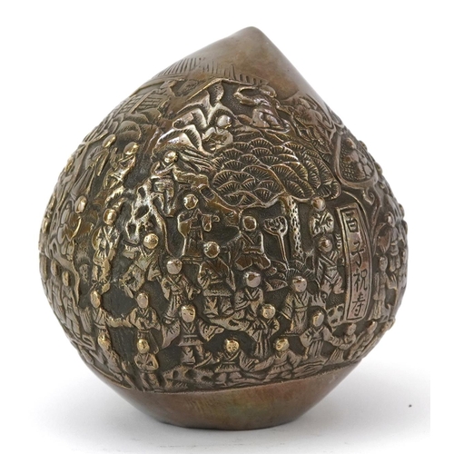 1428 - Chinese bronze paperweight in the form of a peach cast in relief with a continuous and of figures, c... 