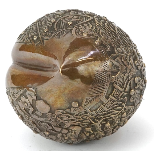 1428 - Chinese bronze paperweight in the form of a peach cast in relief with a continuous and of figures, c... 