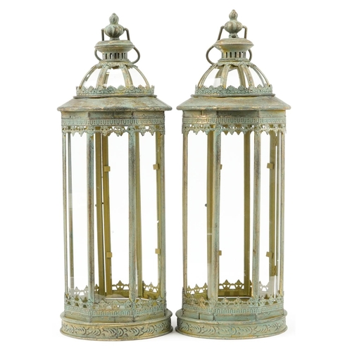 1474 - Large pair of partially gilt bronzed hanging lanterns with glass panels, 59cm high