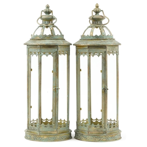 1474 - Large pair of partially gilt bronzed hanging lanterns with glass panels, 59cm high