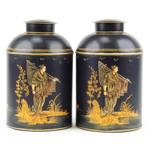 1472 - Pair of Toleware cannisters decorated in the chinoiserie manner with fishermen, 36cm high