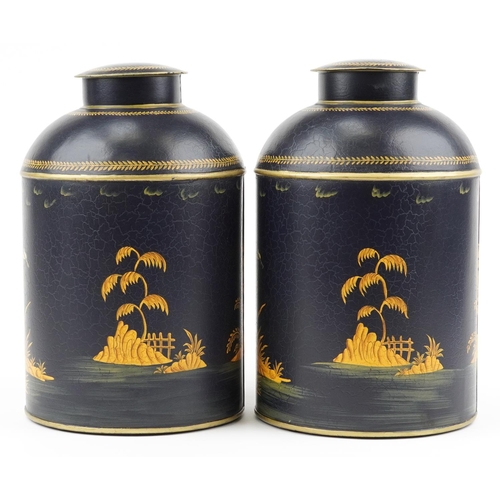 1472 - Pair of Toleware cannisters decorated in the chinoiserie manner with fishermen, 36cm high