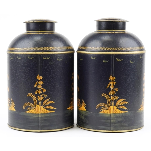 1472 - Pair of Toleware cannisters decorated in the chinoiserie manner with fishermen, 36cm high