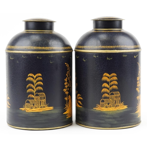 1472 - Pair of Toleware cannisters decorated in the chinoiserie manner with fishermen, 36cm high