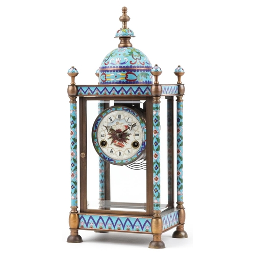 364 - French champleve enamel and brass four glass mantle clock striking on a gong, the enamelled dial hav... 