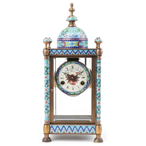 364 - French champleve enamel and brass four glass mantle clock striking on a gong, the enamelled dial hav... 