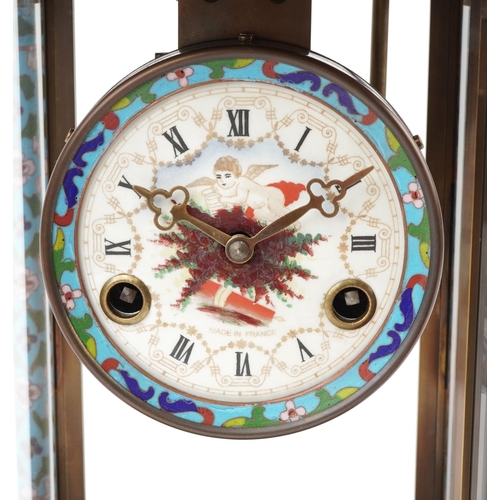 364 - French champleve enamel and brass four glass mantle clock striking on a gong, the enamelled dial hav... 