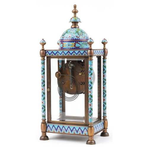 364 - French champleve enamel and brass four glass mantle clock striking on a gong, the enamelled dial hav... 