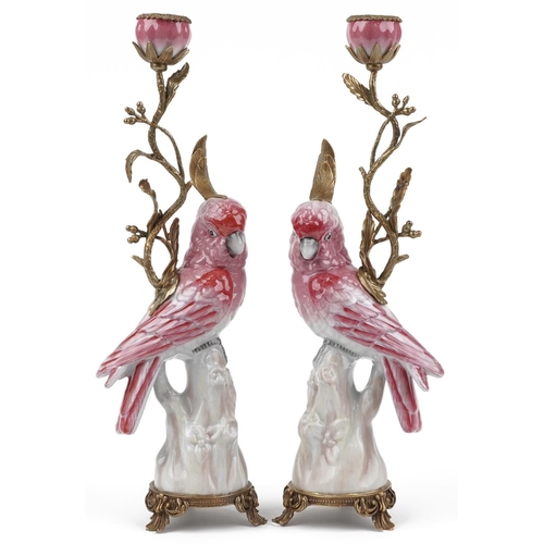 1372 - Pair of continental porcelain Cockatiel and gilt bronze candlesticks, 42cm high