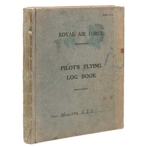 British military World War II Royal Air Force pilot's flying log book previously belonging to Sergeant Evan David Verdlin Williams with extensive entries during the war between years 1941-1950
