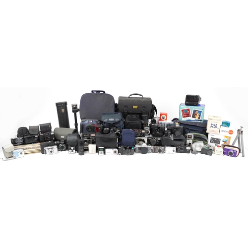 1674 - Large collection of vintage and later cameras and accessories including Konica Pop, Yoshika FX-D Qua... 