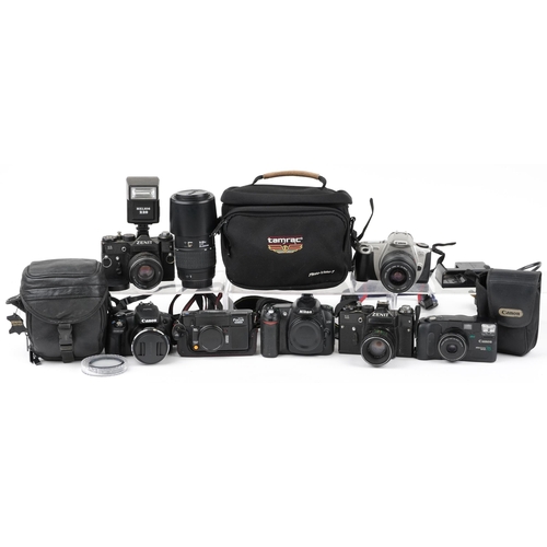 1672 - Vintage and later cameras and accessories including a Yoshika auto focus motor, Cannon EOS 300, Zeni... 