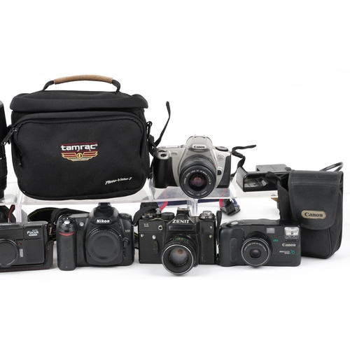 1672 - Vintage and later cameras and accessories including a Yoshika auto focus motor, Cannon EOS 300, Zeni... 