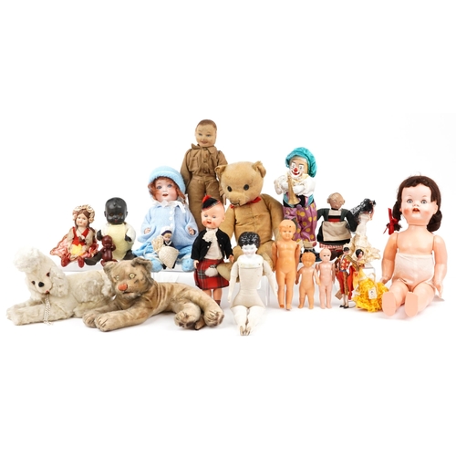 1614 - Vintage and later toys including a Merrythought soldier, straw filled tiger, golden teddy bear with ... 