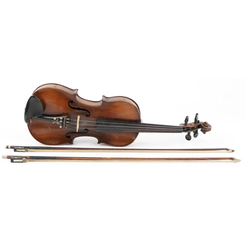 1681 - Old wooden violin with two bows housed in a fitted Reliance protective travel case, the violin back ... 