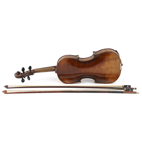 1681 - Old wooden violin with two bows housed in a fitted Reliance protective travel case, the violin back ... 