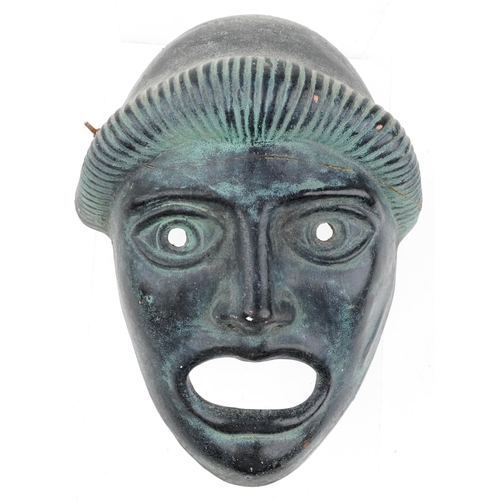 1427 - Greek verdigris style terracotta theatrical tragedy wall mask, 24cm high