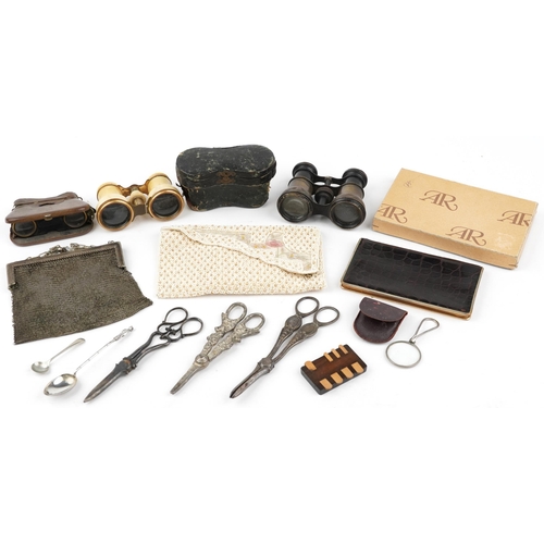 1568 - Sundry items including binoculars, whist marker, silver plated scissors and chainmail purse