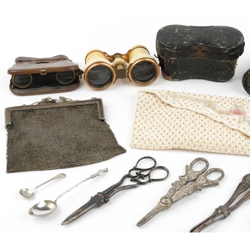 1568 - Sundry items including binoculars, whist marker, silver plated scissors and chainmail purse