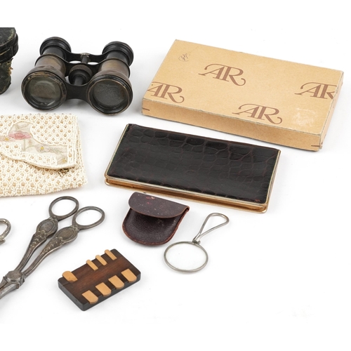 1568 - Sundry items including binoculars, whist marker, silver plated scissors and chainmail purse