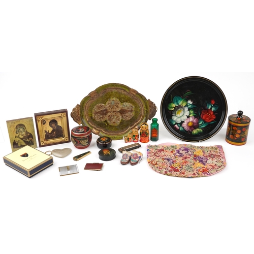 1559 - Sundry items including Aspinall of London keyring, orthodox icons and lacquered boxes, the largest 2... 