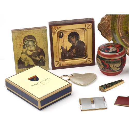 1559 - Sundry items including Aspinall of London keyring, orthodox icons and lacquered boxes, the largest 2... 