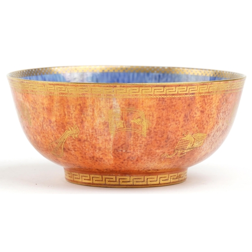 56 - Wedgwood orange and blue ground Fairyland lustre bowl gilded with dragons chasing the flaming pearl ... 