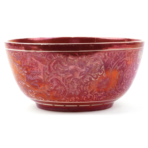 166 - William De Morgan, large Arts & Crafts ruby lustre bowl hand painted with stylised griffins amongst ... 