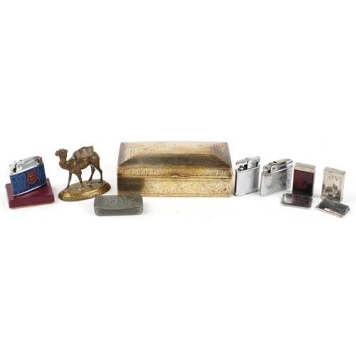 1282 - Sundry items including rectangular pewter hunting design snuff box, lighters and engraved Indian box... 