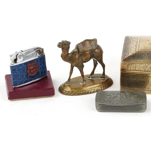 1282 - Sundry items including rectangular pewter hunting design snuff box, lighters and engraved Indian box... 