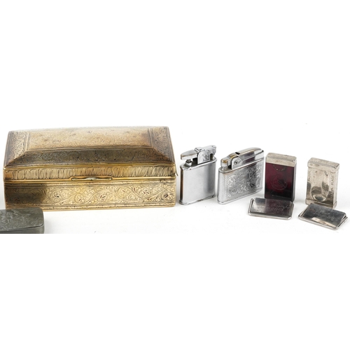 1282 - Sundry items including rectangular pewter hunting design snuff box, lighters and engraved Indian box... 