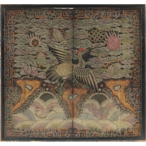 14 - Chinese Mandarin silk civil rank badge embroidered with a crane above crashing waves, framed and gla... 